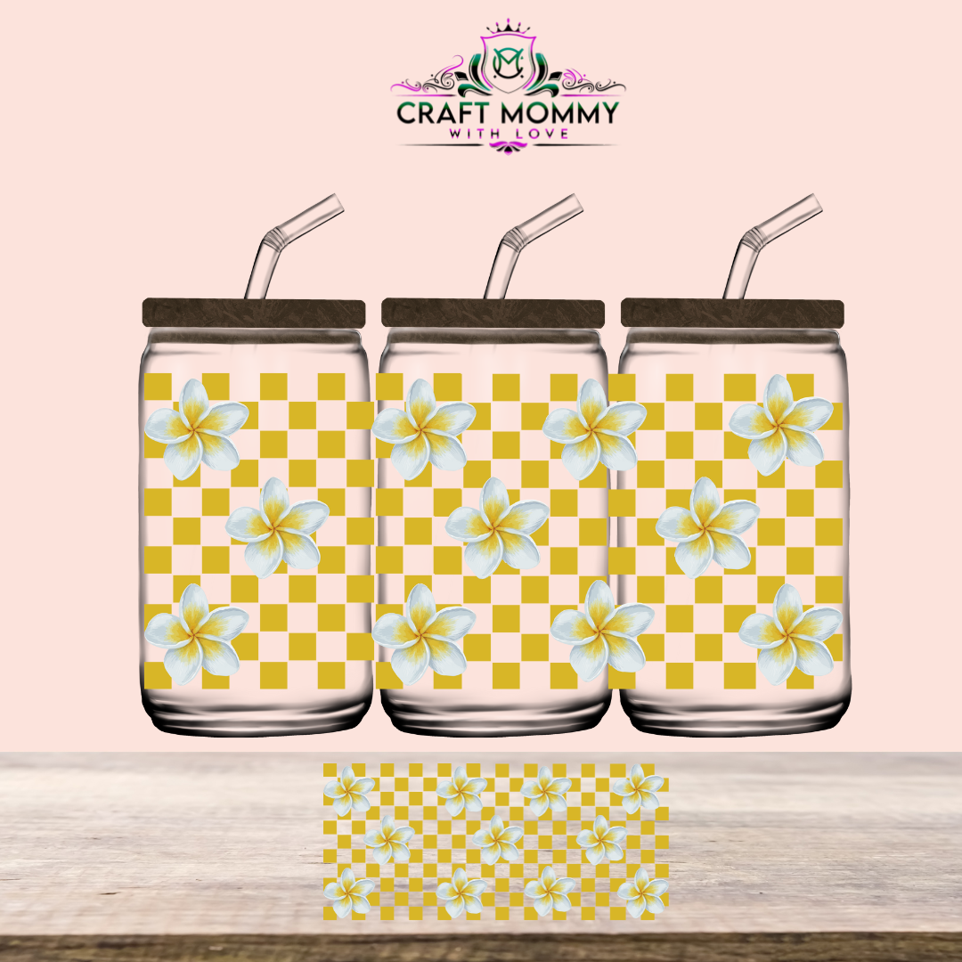 Yellow Checkered Flowers- UV DTF Wrap 16 oz