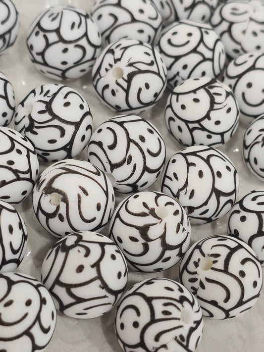 15mm Silicon beads smiley black and white