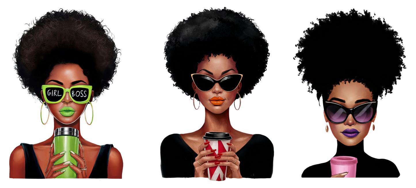 Coffee girl with curly hair -3 decals in 1 sheet UV DTF Stickers