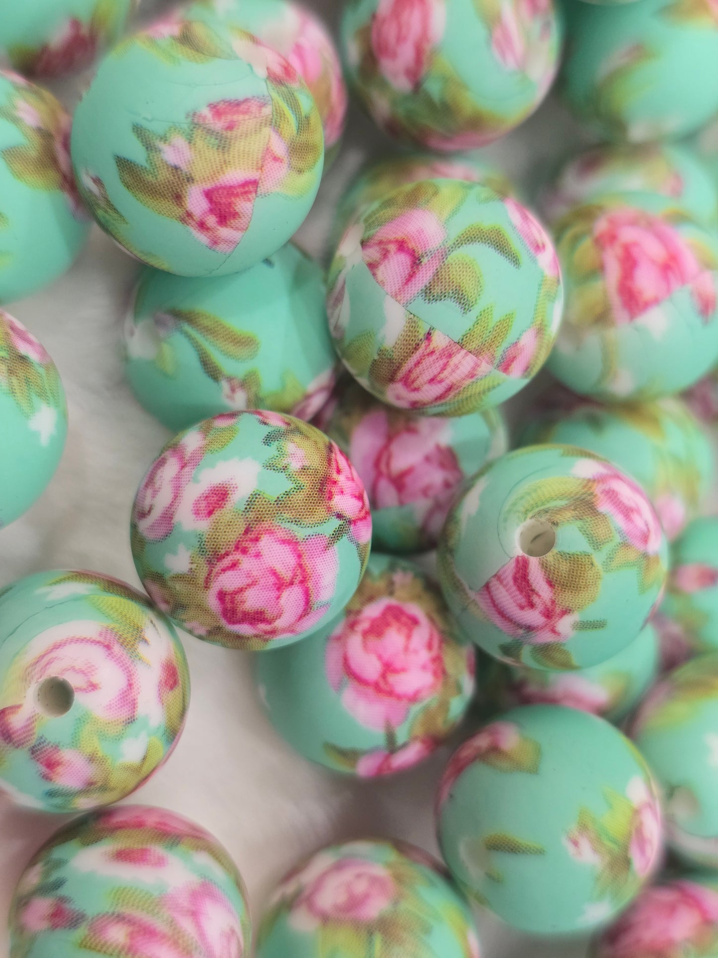 15mm silicon beads floral teal and pink