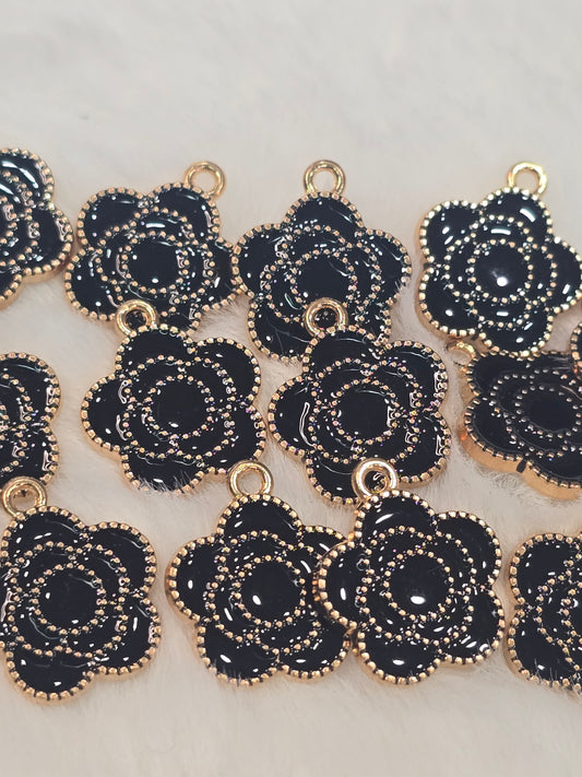 Black CC Flowers -Metal Charm Pendant