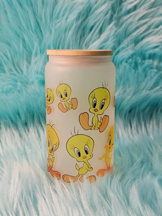 Tweety Bird- Libbey Glass Can 16 oz with Bamboo Lid and Straw
