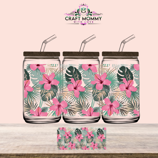 Pink gumamela and monstera - UV DTF WRAP 16oz