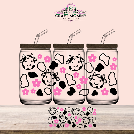 Cute Pink and black cow -UV DTF Wrap 16 oz