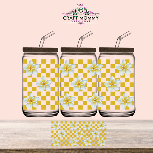 Yellow Checkered Flowers- UV DTF Wrap 16 oz