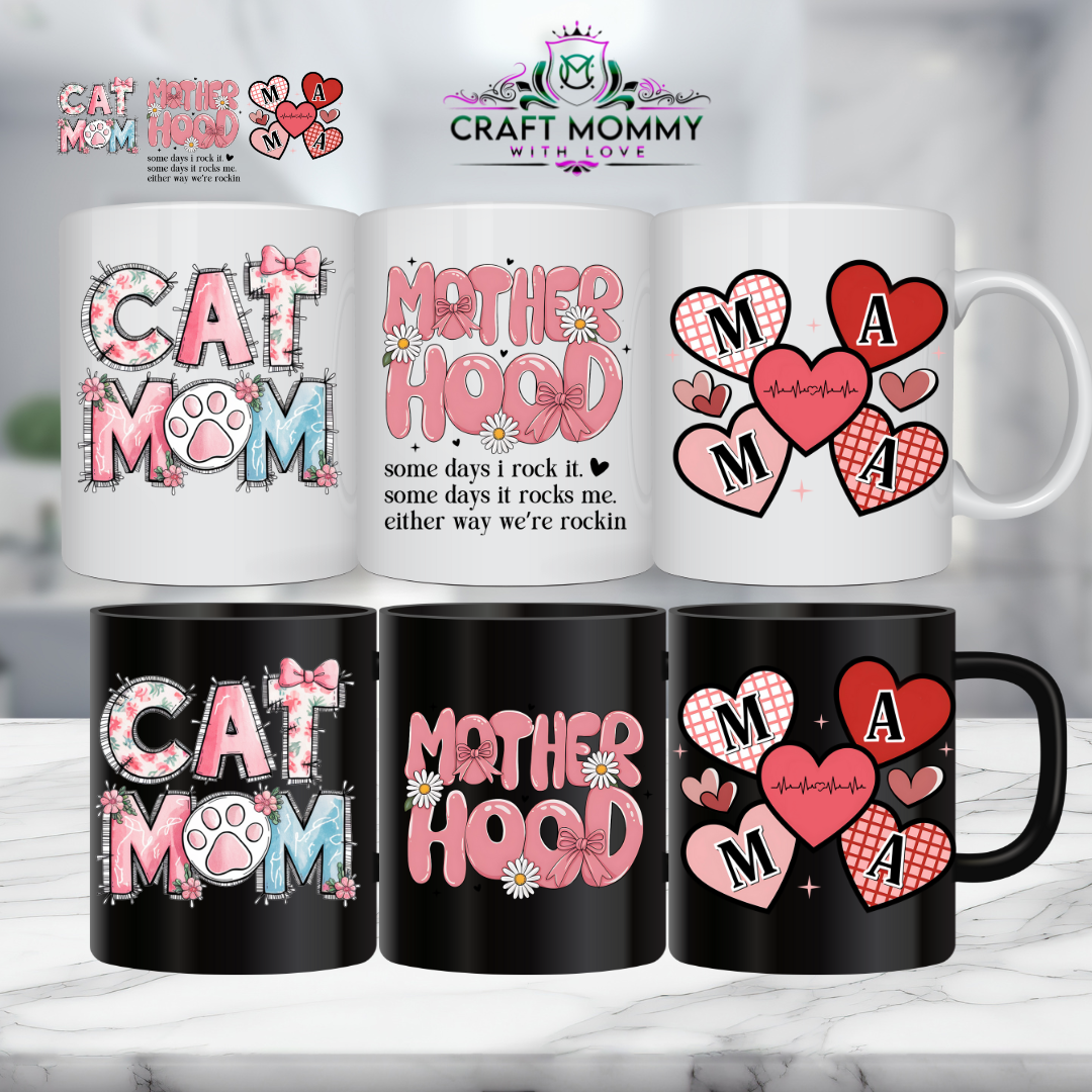 11 oz. Mug UV DTF Wrap- Cat Mom, Motherhood,Mama Decals/sheet