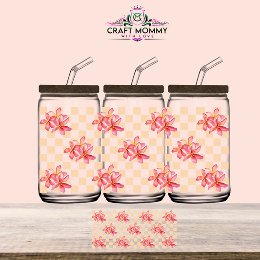 Peach Checkered Flowers- UV DTF Wrap 16 oz