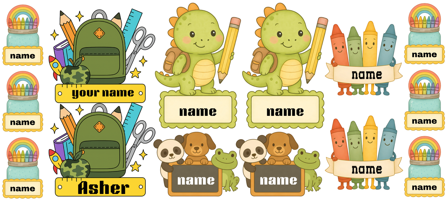 Back pack and Dino Name Stickers  UV DTF (custom 1 name per sheet)