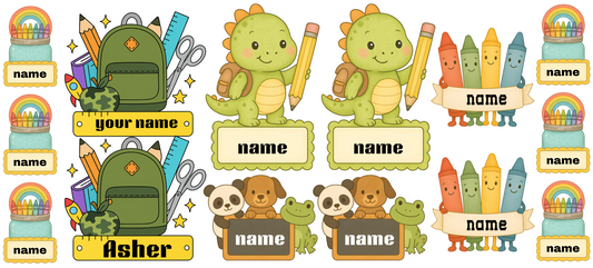 Back pack and Dino Name Stickers  UV DTF (custom 1 name per sheet)