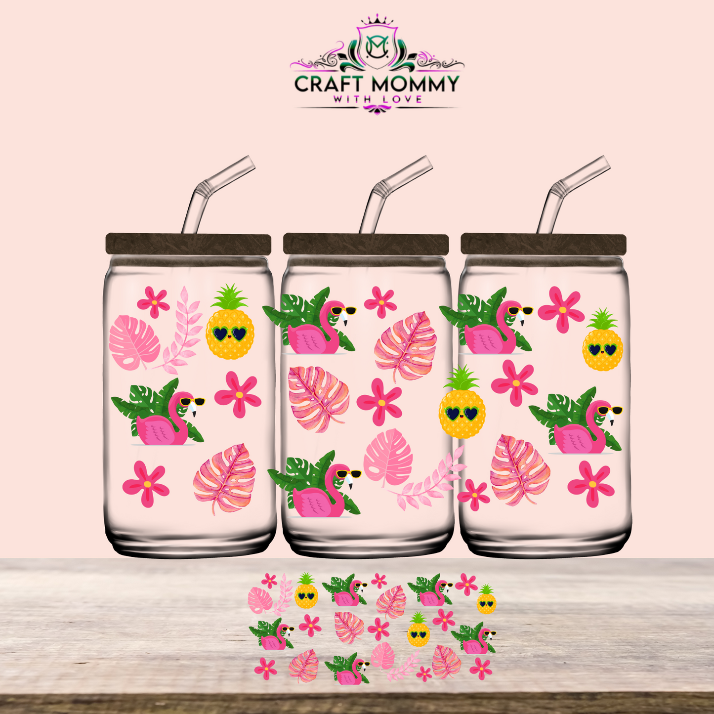 Summer Flamingo pink monstera  - UV DTF WRAP 16oz