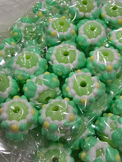 Green with flowers Hand Painted beads 16mm
