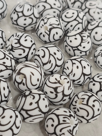 15mm Silicon beads smiley black and white