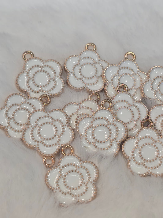 White CC Flowers -Metal Charm Pendant