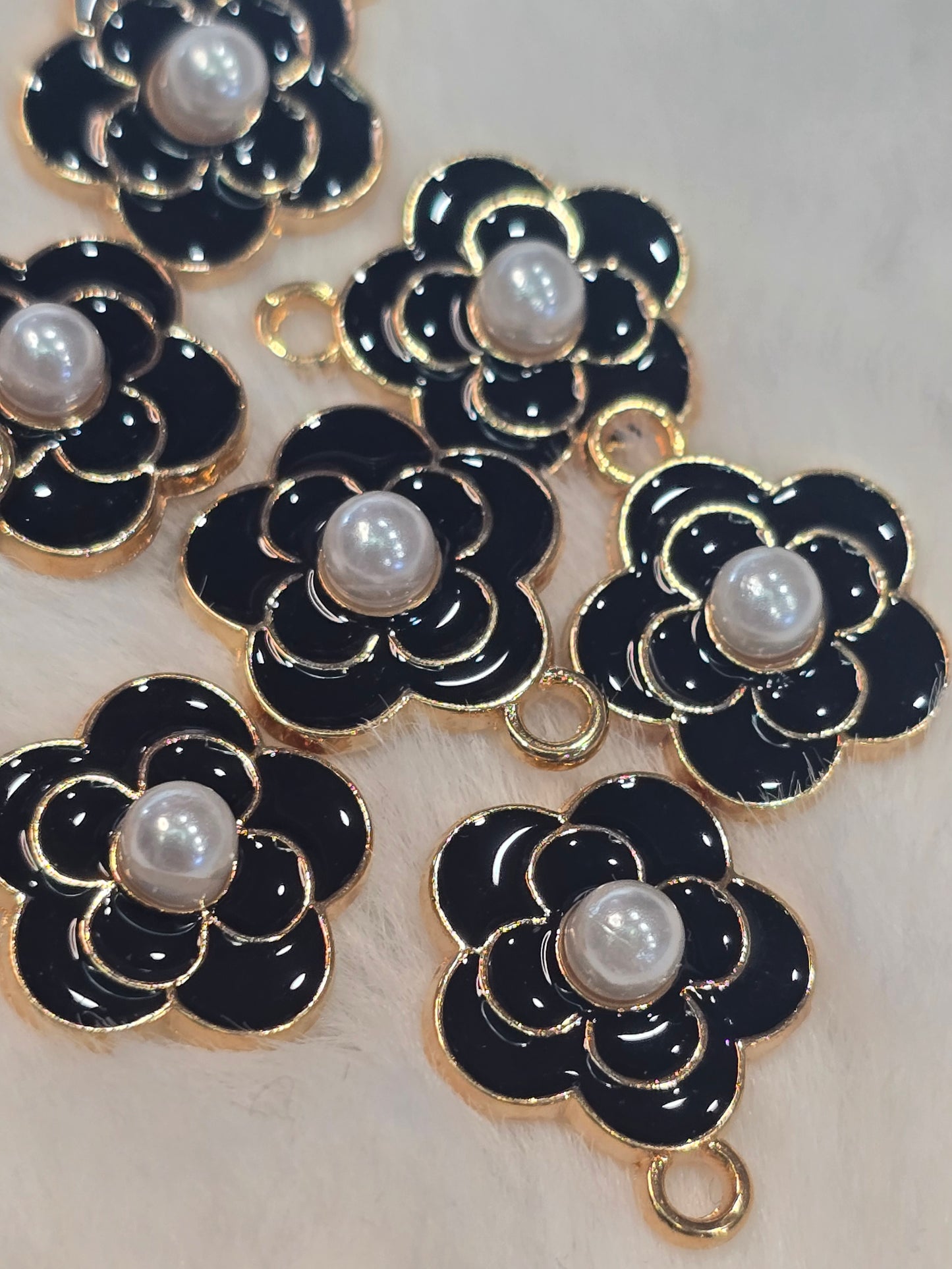 Black CC Flowers with pearl -Metal Charm Pendant