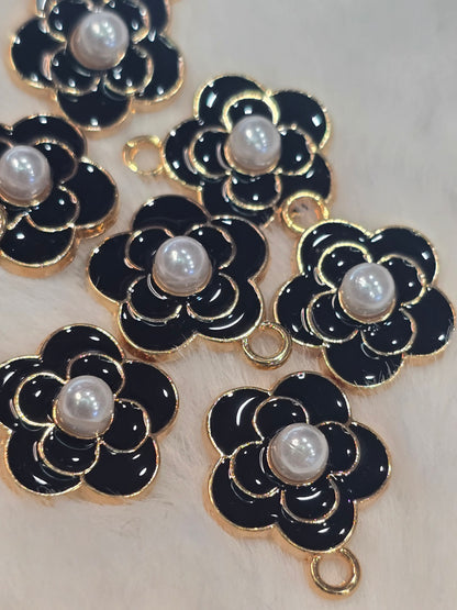 Black CC Flowers with pearl -Metal Charm Pendant