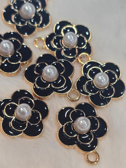 Black CC Flowers with pearl -Metal Charm Pendant