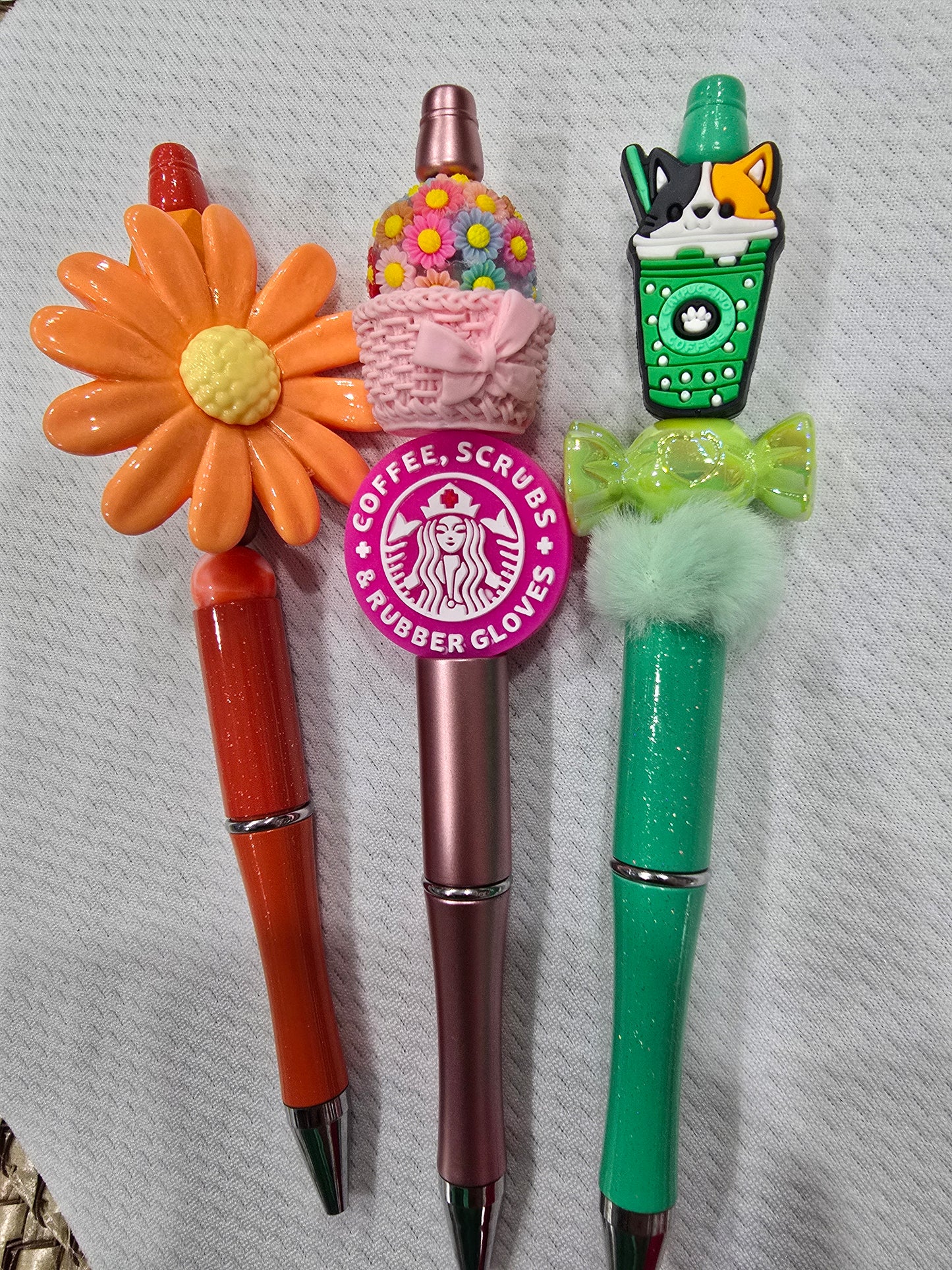 Beadable pen 3pcs mix bundle- Flower, Coffee Scrubs and Green cup with dog