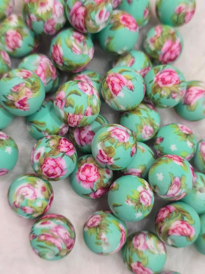 15mm silicon beads floral teal and pink