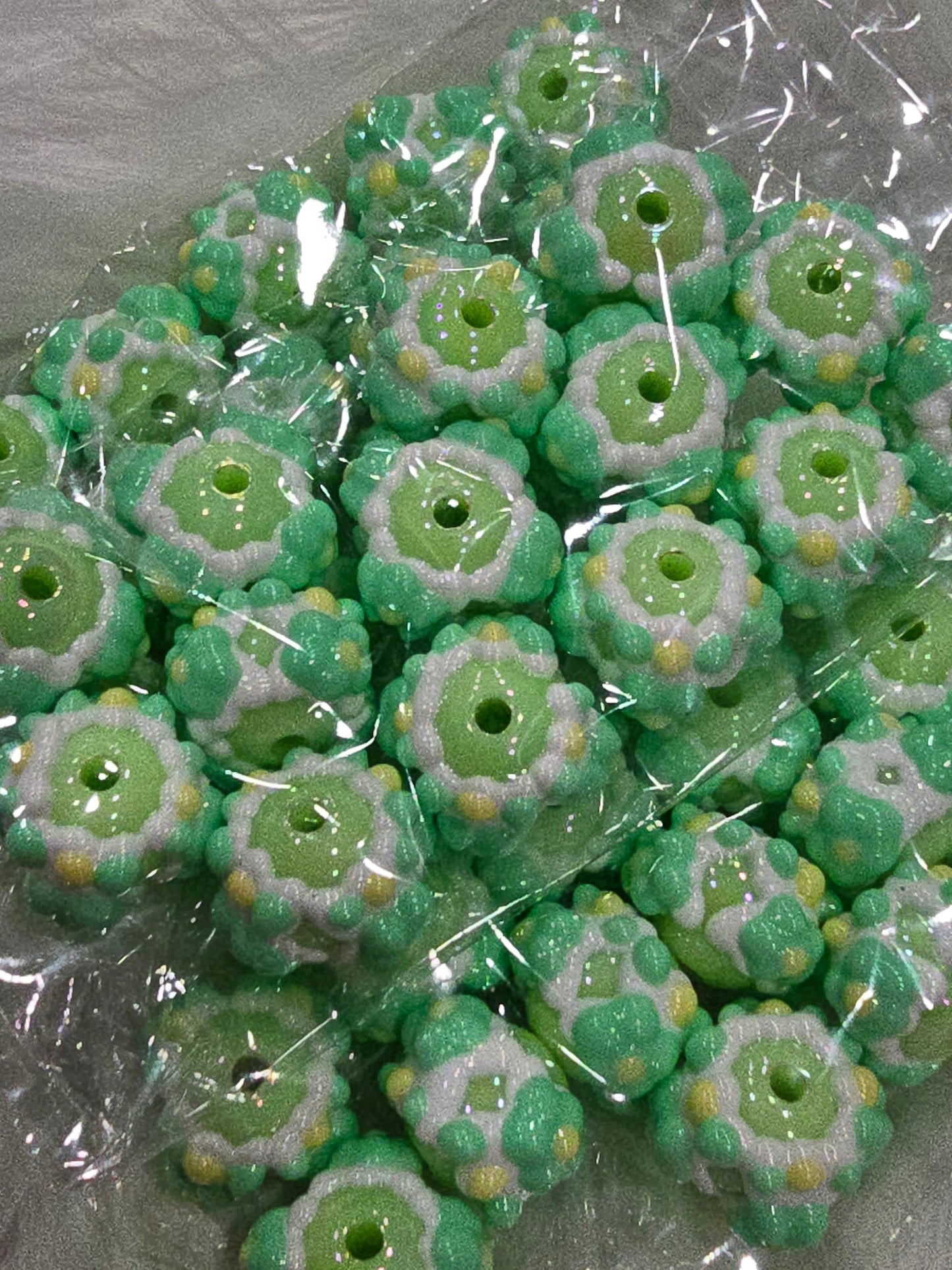 Green with flowers Hand Painted beads 16mm