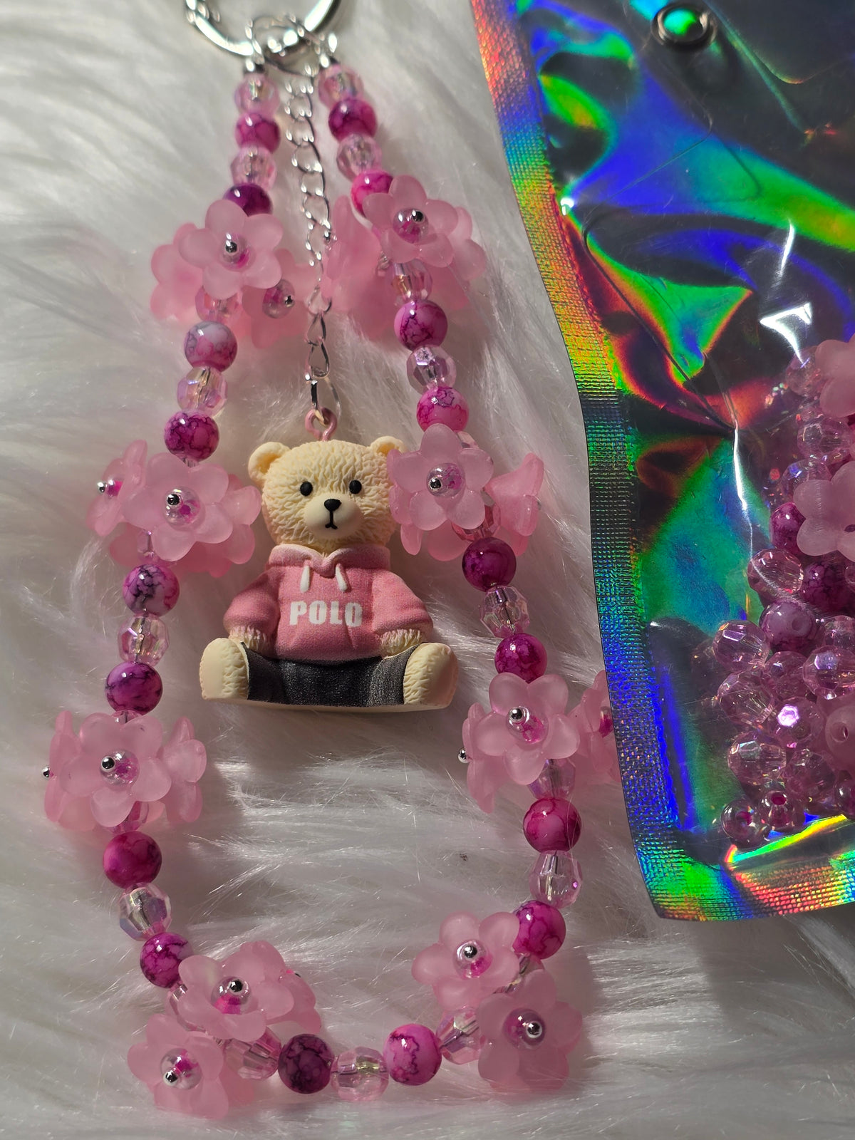 DIY Phone & Bag Keychain Kit - Polo pink bear with pink flowers