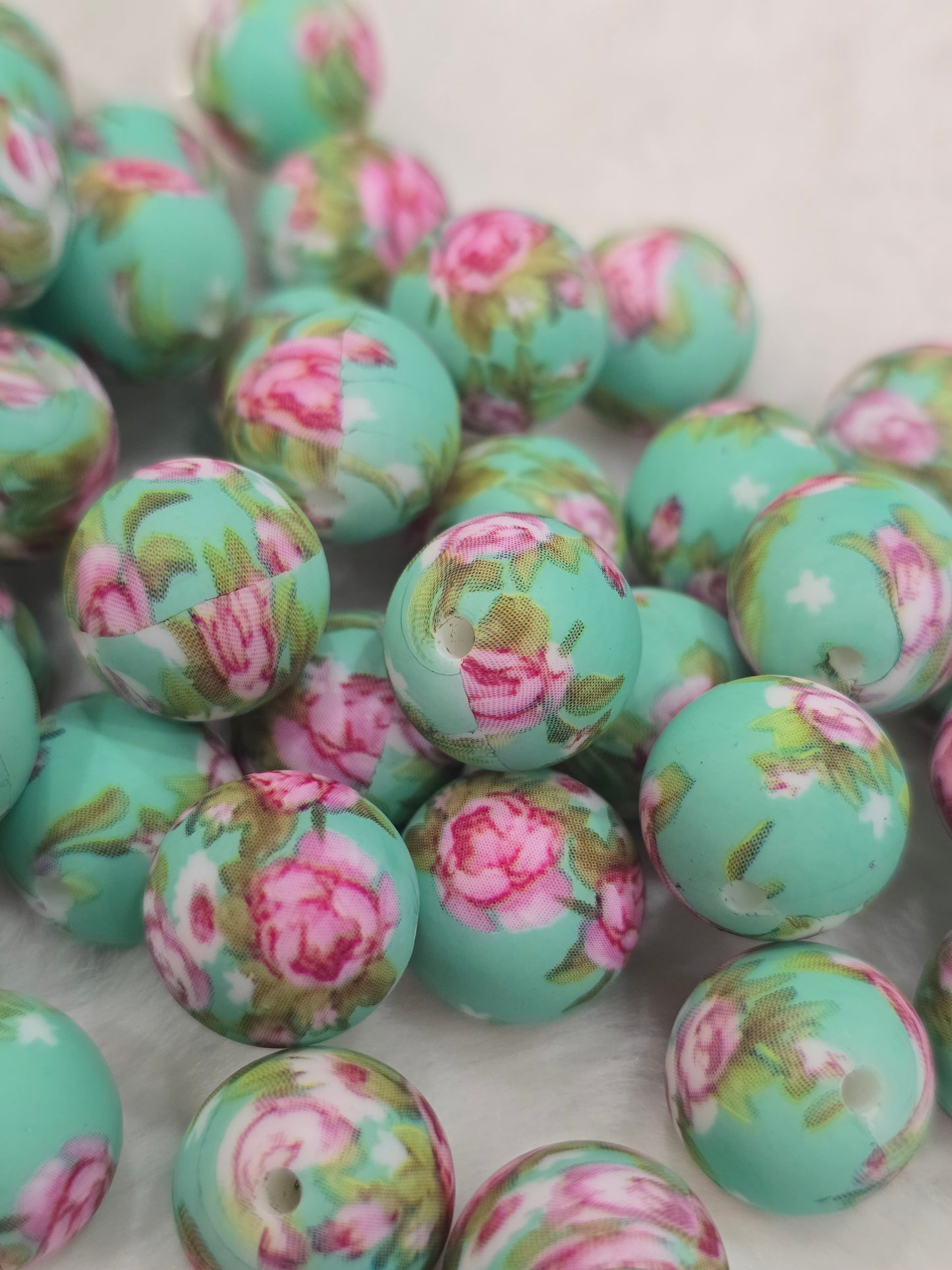 15mm silicon beads floral teal and pink