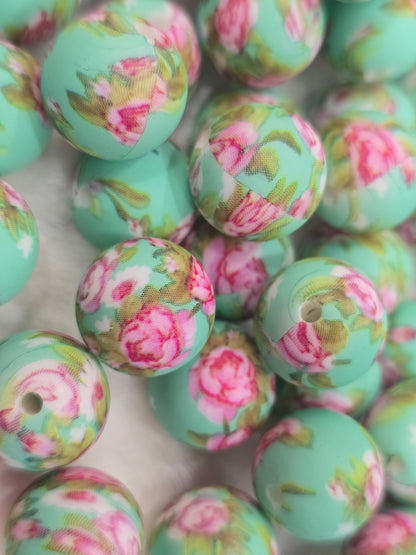 15mm silicon beads floral teal and pink