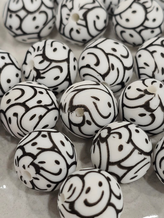 15mm Silicon beads smiley black and white