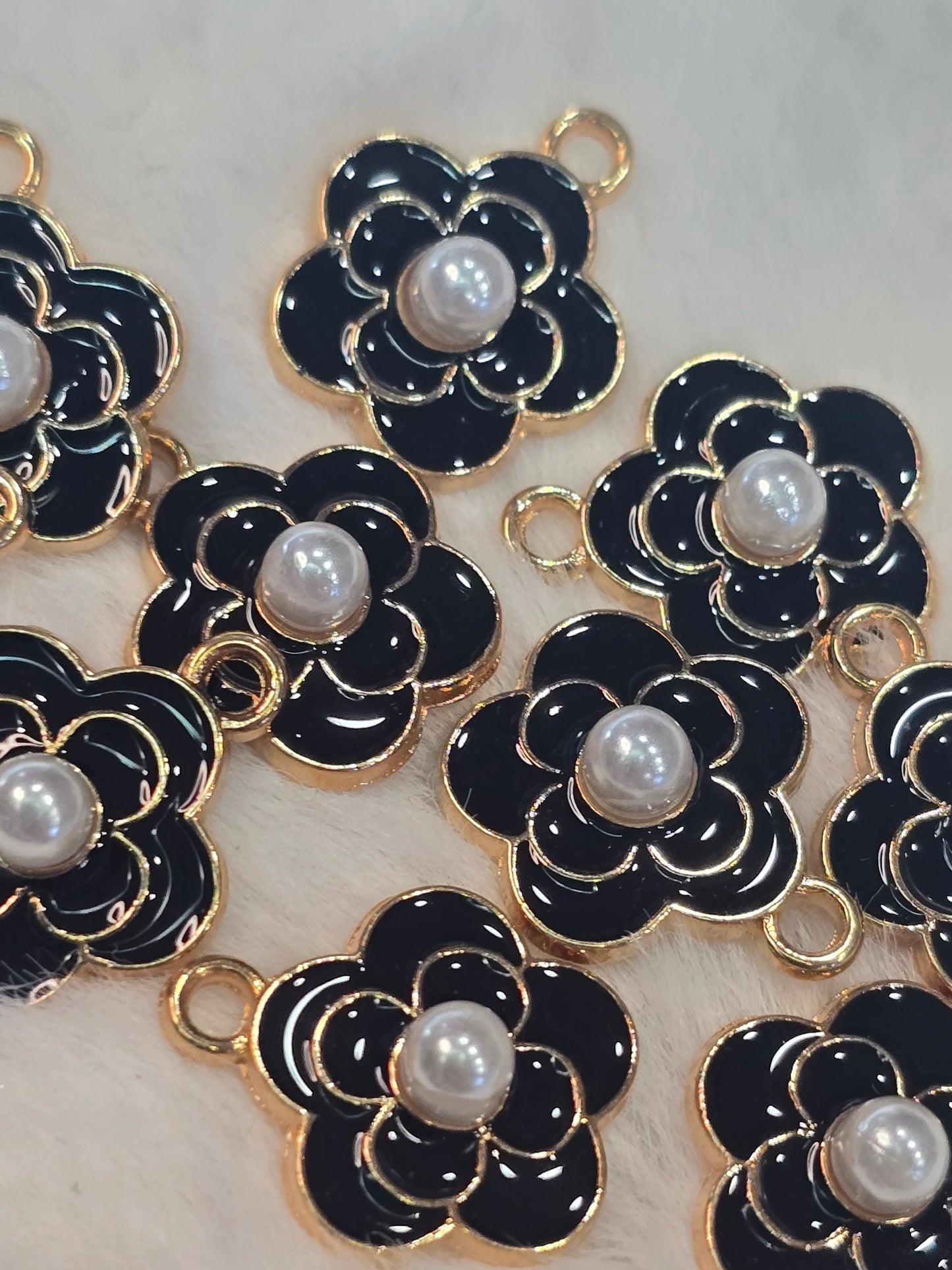 Black CC Flowers with pearl -Metal Charm Pendant