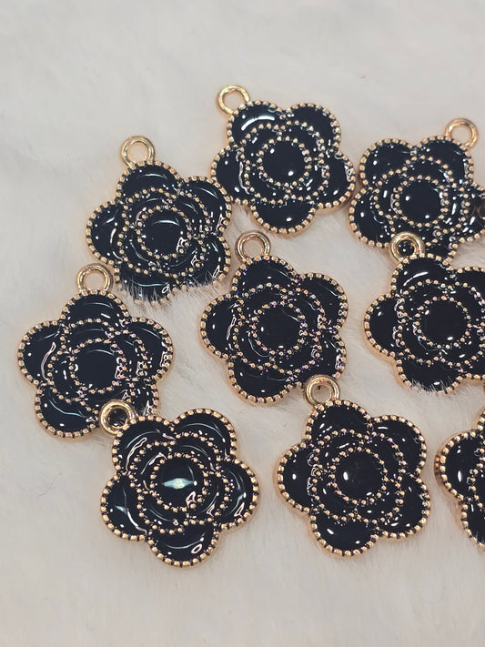 Black CC Flowers -Metal Charm Pendant