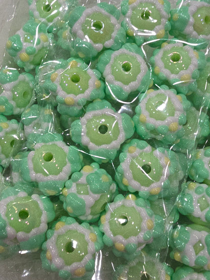 Green with flowers Hand Painted beads 16mm