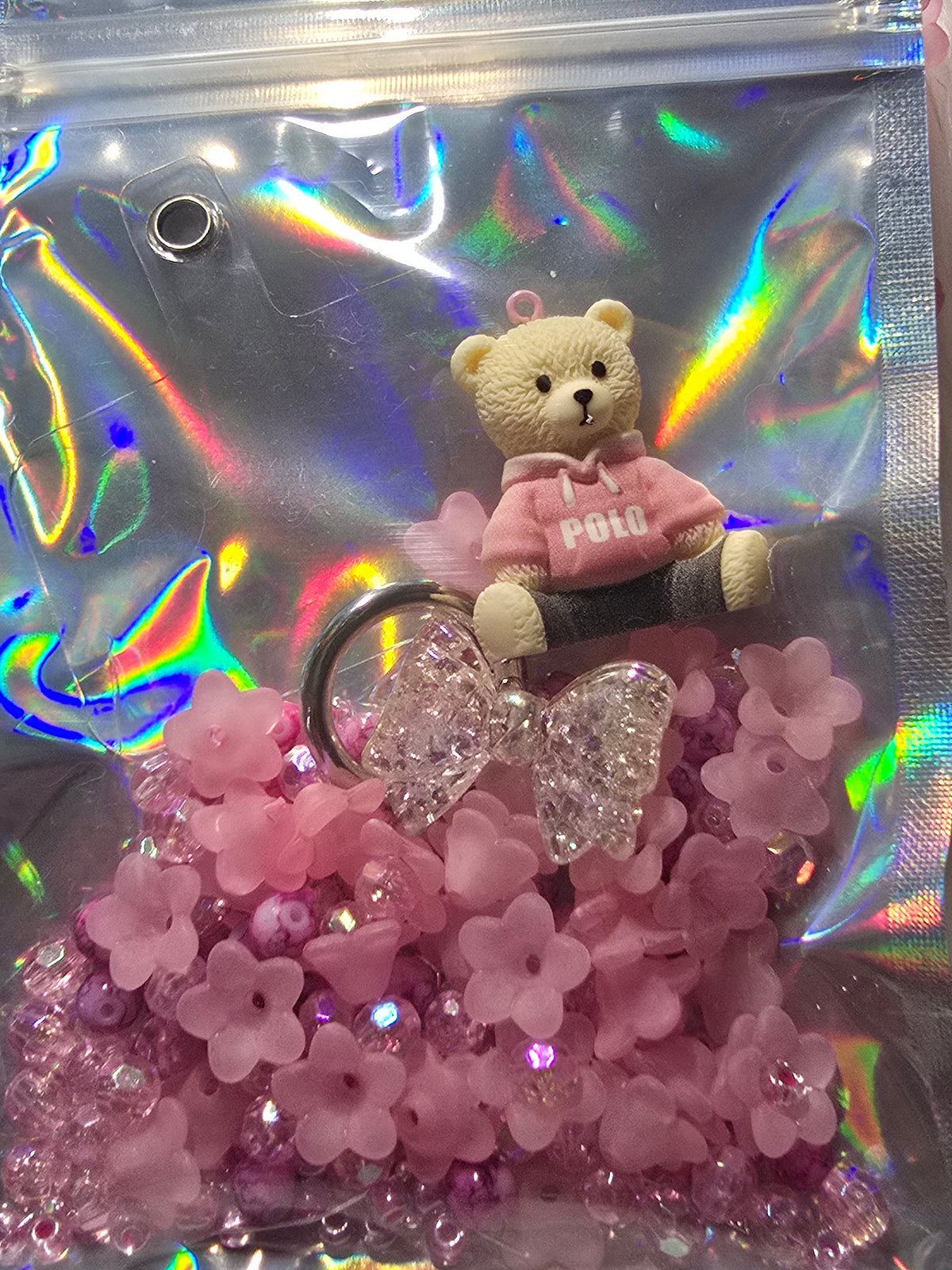 DIY Phone & Bag Keychain Kit - Polo pink bear with pink flowers